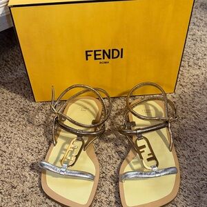 Fendi Metallic Gold Leather Strappy Sandals